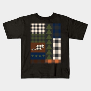 Cozy Christmas Patchwork Aesthetic Quilt Nature Beaver Cabin Pattern Kids T-Shirt